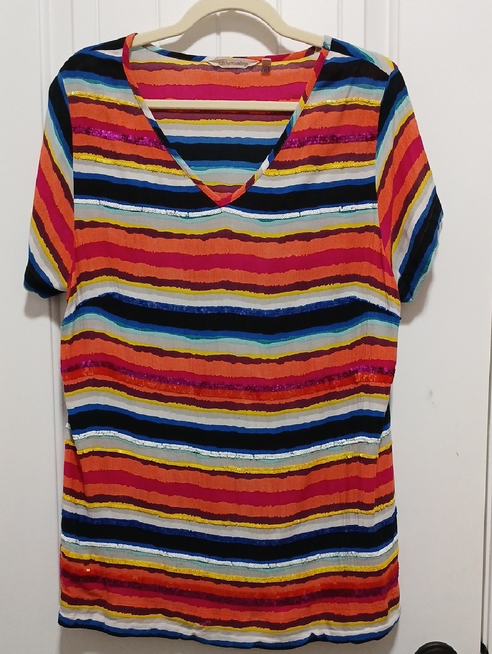 Soft Surroundings Multicolor Striped V-Neck Short Sleeve Top